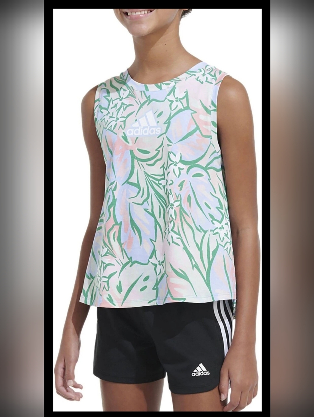 adidas Girls Floral Athletic Tank Top in Pastel Tropical Print Size 16